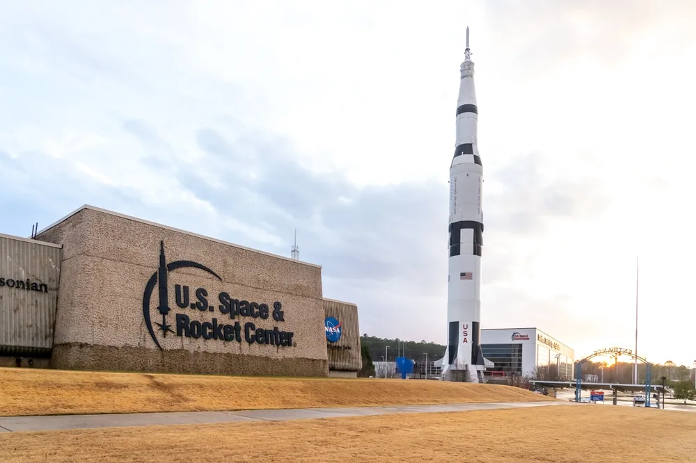 Outside of the US Space and Rocket Center in Huntsville during the best time to visit the state of Alabama