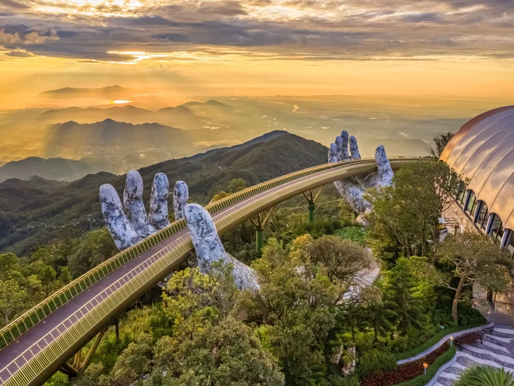 Aerial view of the Golden Bridge in Ba Na Hill, Vietnam showing one of the top 5 cheap places to travel internationally