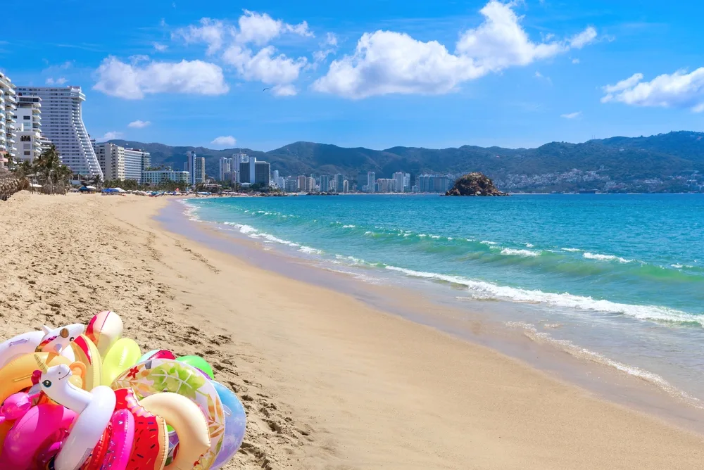 Many resorts line the empty beach in Zona Dorado, one of Acapulco's best areas to stay