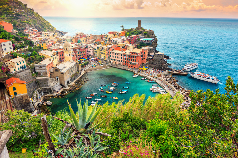 Aerial overlooking view of Vernazza port in Cinque Terre, Italy for a list of the 12 best bucket list travel ideas