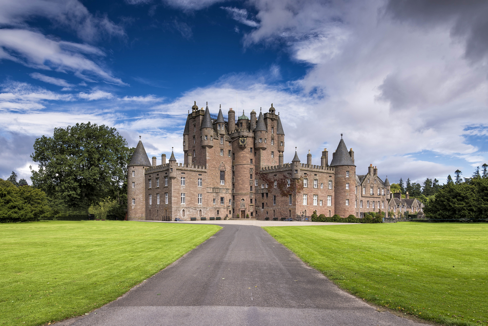 Glamis Castle on a cloudy day in Scotland