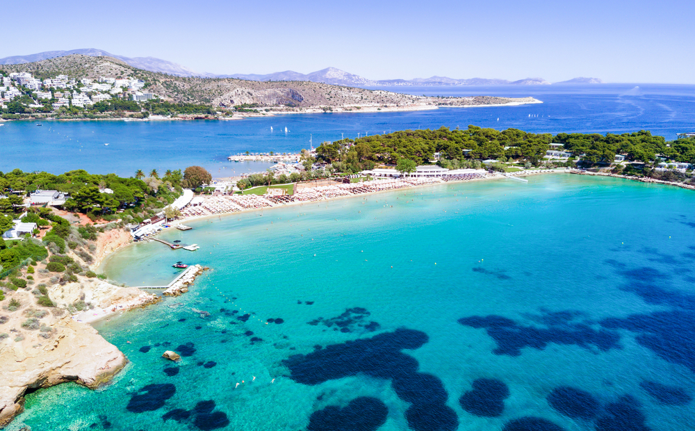 Aerial view of Astir Beach in South Athens, Greece, which is ranked as one of the 10 best cities to visit in Europe