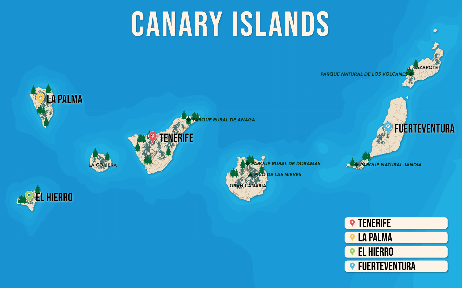 Where to Stay in the Canary Islands map in vector format featuring the best areas of town
