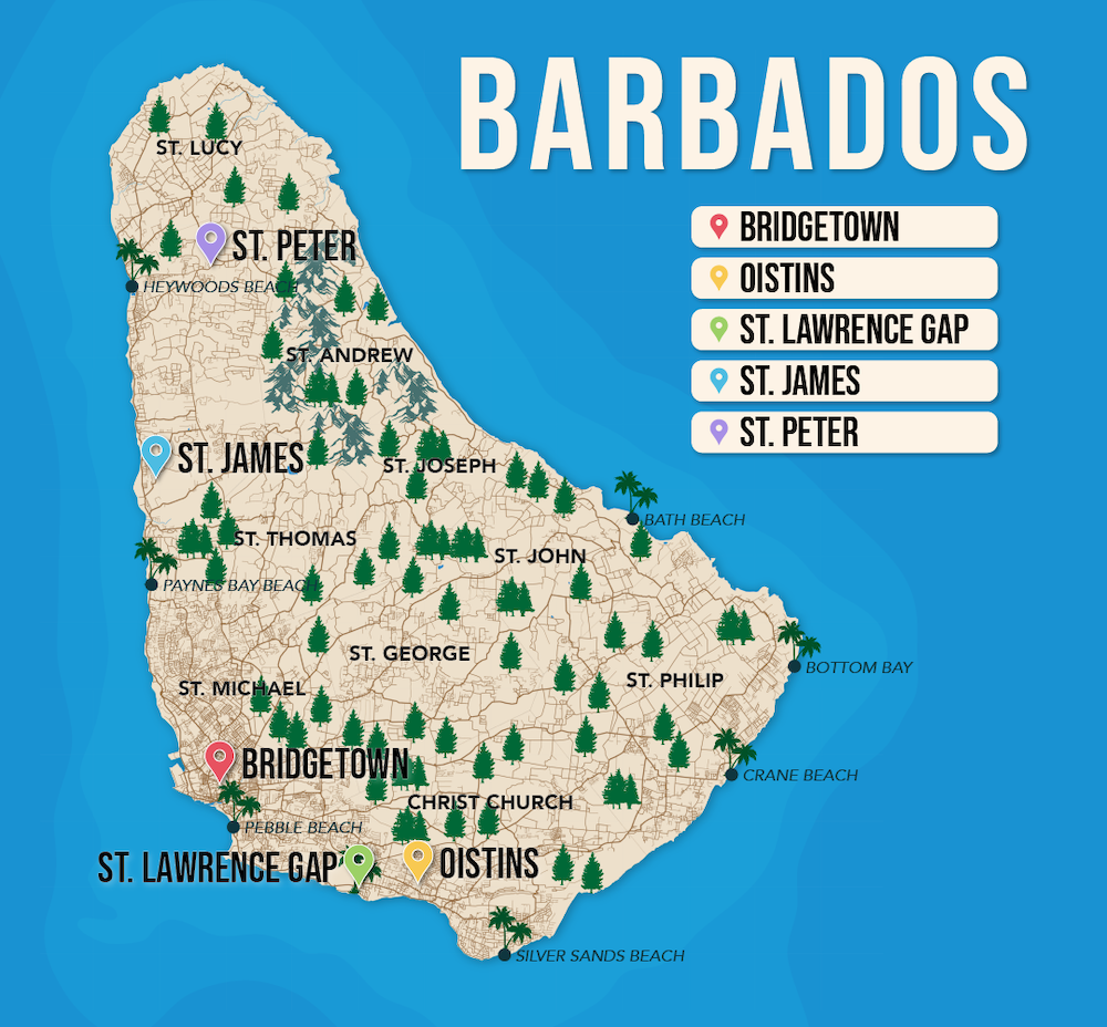Where to Stay in Barbados map in vector format featuring the best areas of town