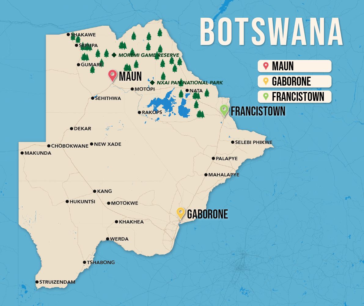 Where to Stay in Botswana map in vector format featuring the best areas of town