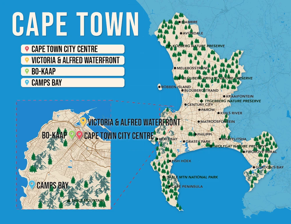 Where to Stay in Cape Town map in vector format featuring the best areas of town