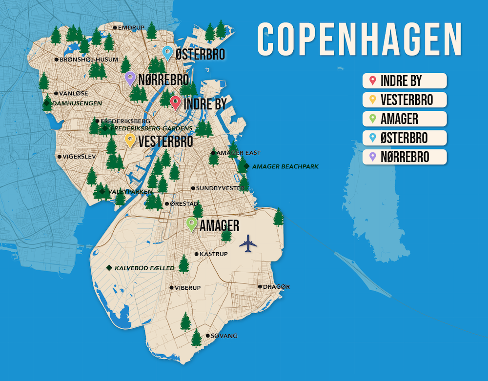 Where to Stay in Copenhagen map in vector format featuring the best areas of town