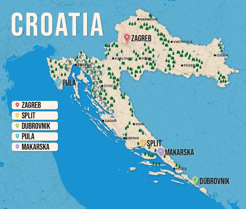 Where to Stay in Croatia map in vector format featuring the best areas of town