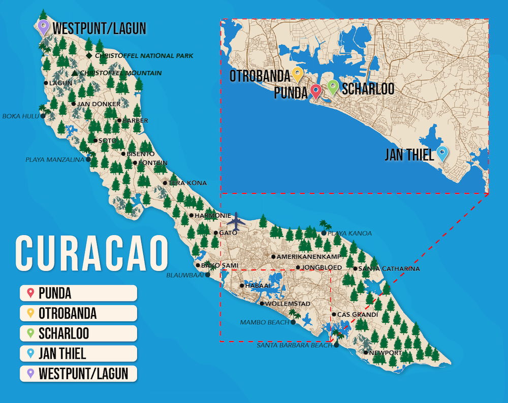 Where to Stay in Curacao map in vector format featuring the best areas of town