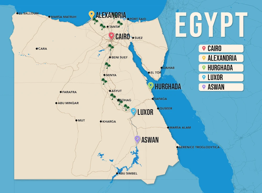 Where to Stay in Egypt map in vector format featuring the best areas of town