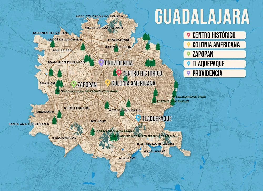 Where to Stay in Guadalajara map in vector format featuring the best areas of town