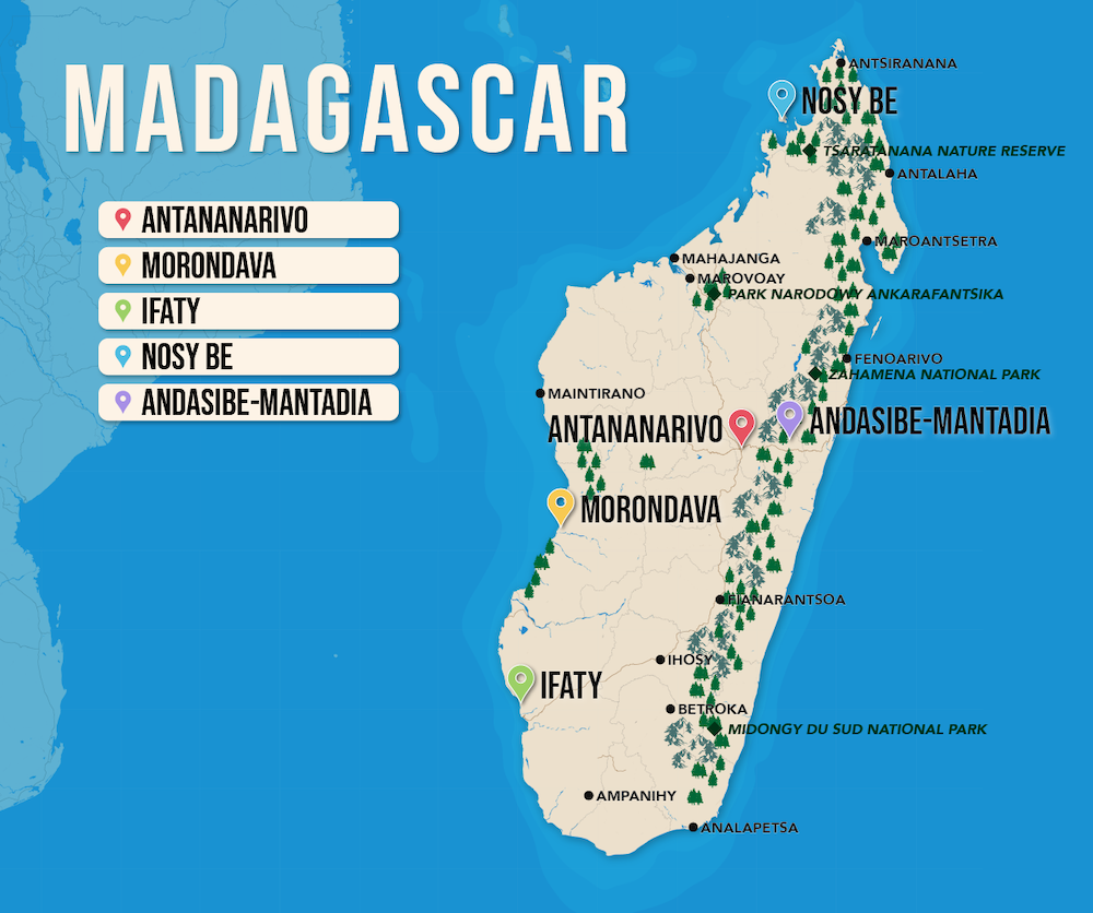 Where to Stay in Madagascar map in vector format featuring the best areas of town