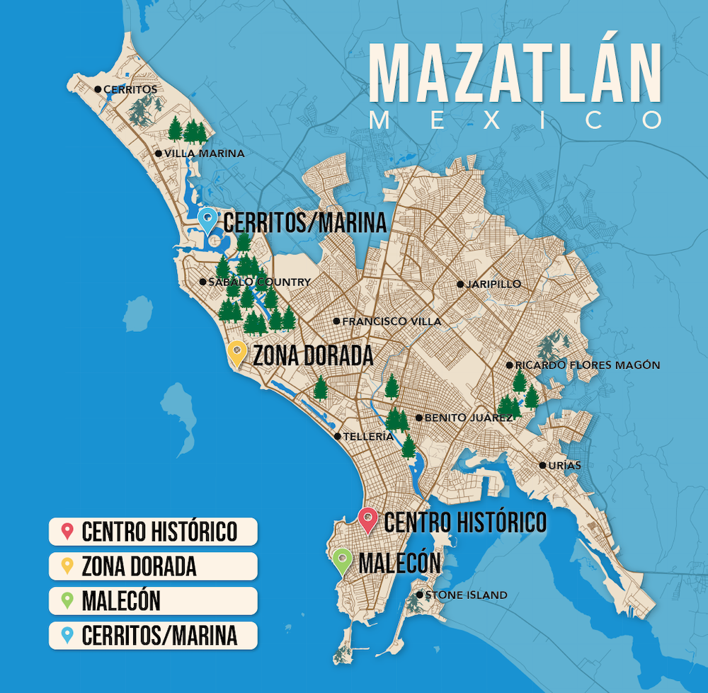 Where to Stay in Mazatlan map in vector format featuring the best areas of town