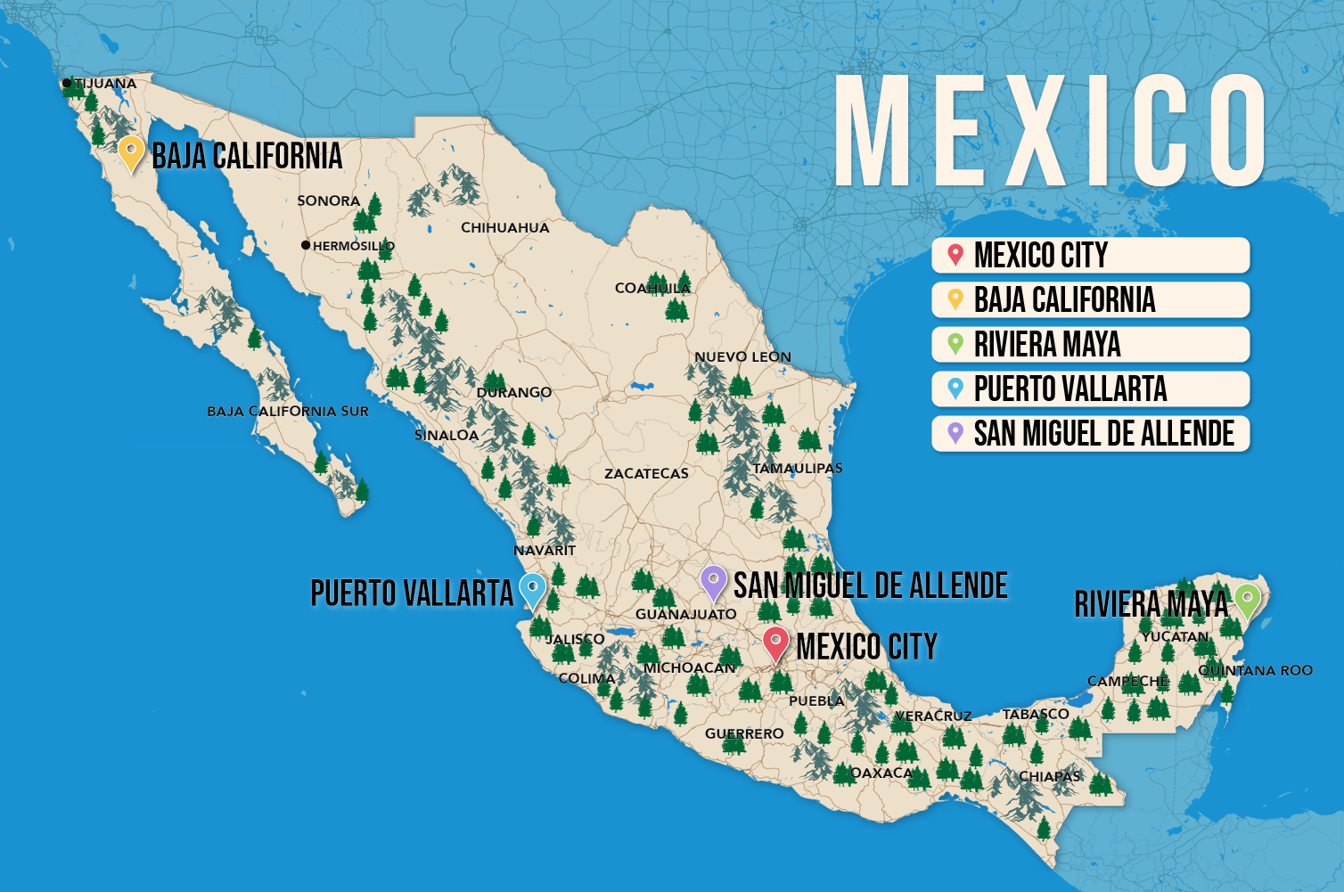 Where to Stay in Mexico map in vector format featuring the best areas of town