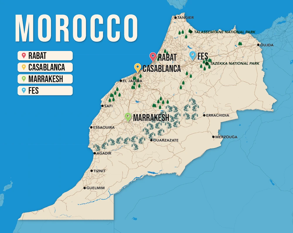 Where to Stay in Morocco map in vector format featuring the best areas of town