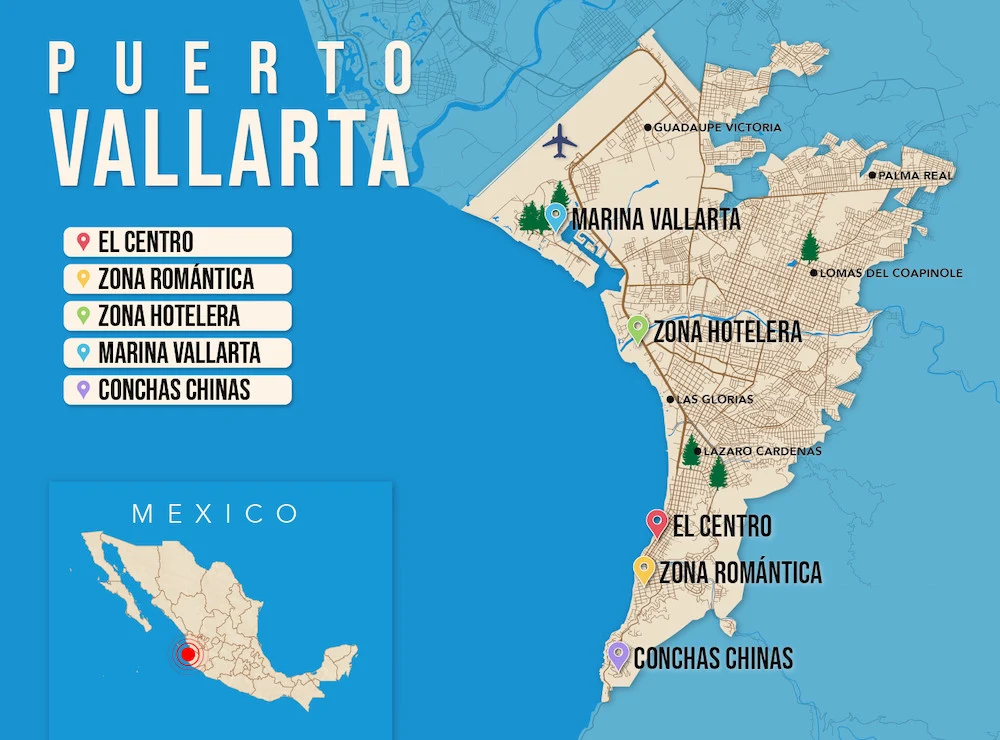 Where to Stay in Puerto Vallarta map in vector format featuring the best areas of town