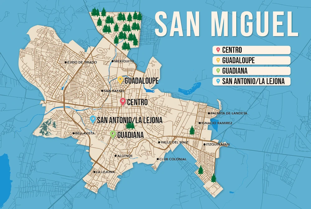 Where to Stay in San Miguel map in vector format featuring the best areas of town