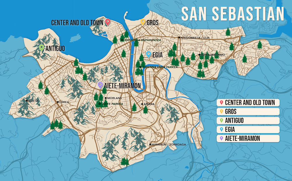 Where to Stay in San Sebastian map in vector format featuring the best areas of town