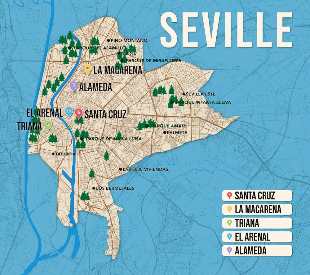 Where to Stay in Seville map in vector format featuring the best areas of town