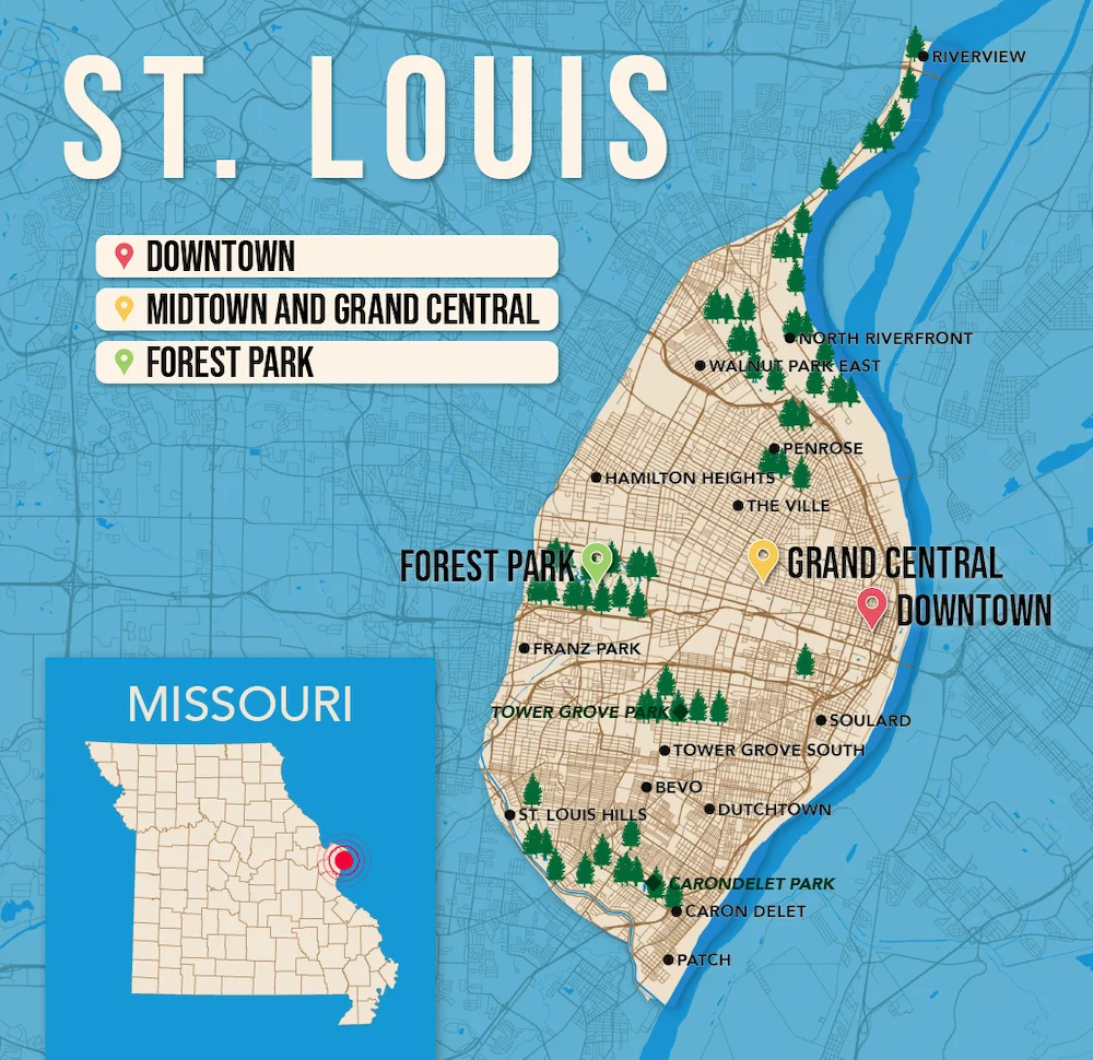 Where to Stay in St. Louis map in vector format featuring the best areas of town