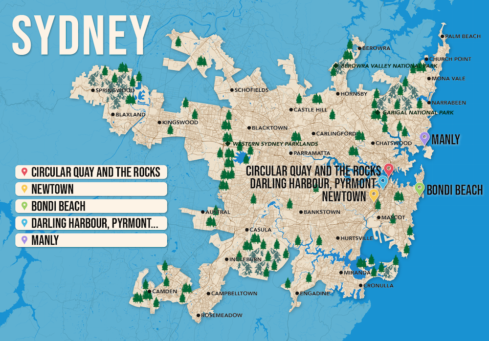 Where to Stay in Sydney map in vector format featuring the best areas of town