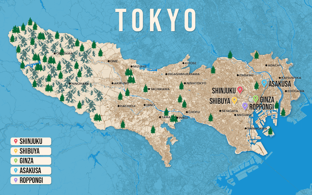 Where to Stay in Tokyo map in vector format featuring the best areas of town
