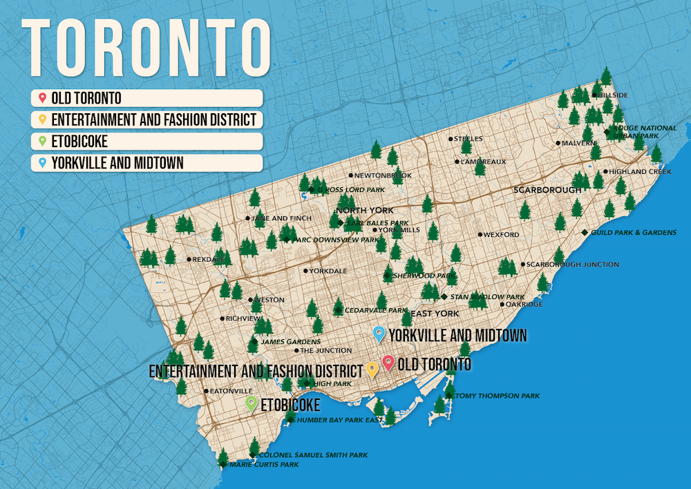 Where to Stay in Toronto map in vector format featuring the best areas of town