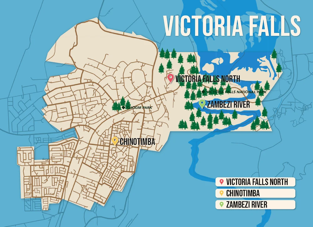 Where to Stay in Victoria Falls map in vector format featuring the best areas of town
