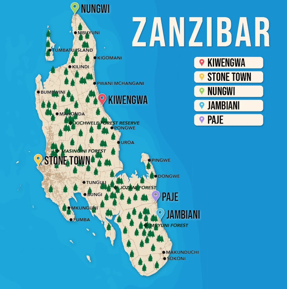 Where to Stay in Zanzibar map in vector format featuring the best areas of town