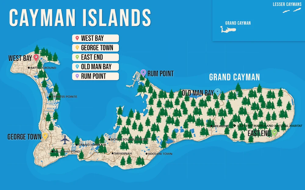 Where to Stay in the Cayman Islands map in vector format featuring the best areas of town