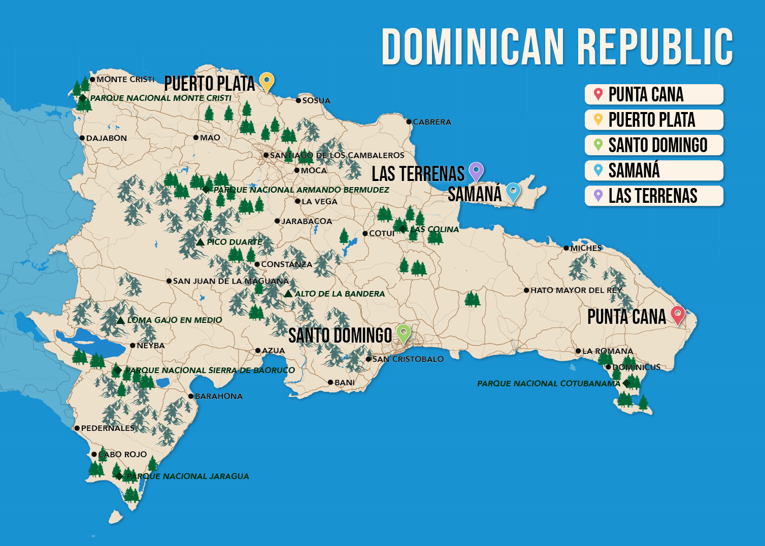Where to Stay in the Dominican Republic map in vector format featuring the best areas of town