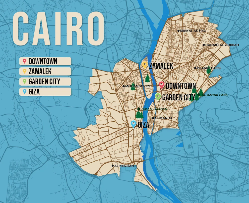 Where to Stay in Cairo map in vector format featuring the best areas of town