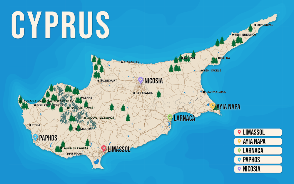 Where to Stay in Cyprus map in vector format featuring the best areas of town
