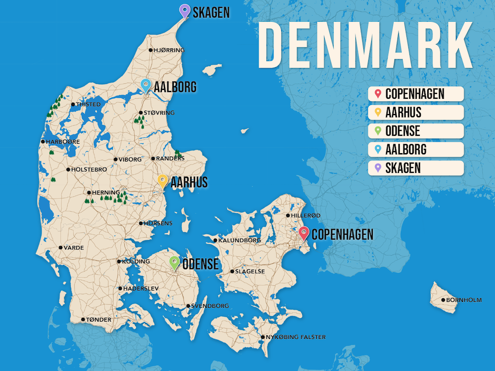 Where to Stay in Denmark map in vector format featuring the best areas of town
