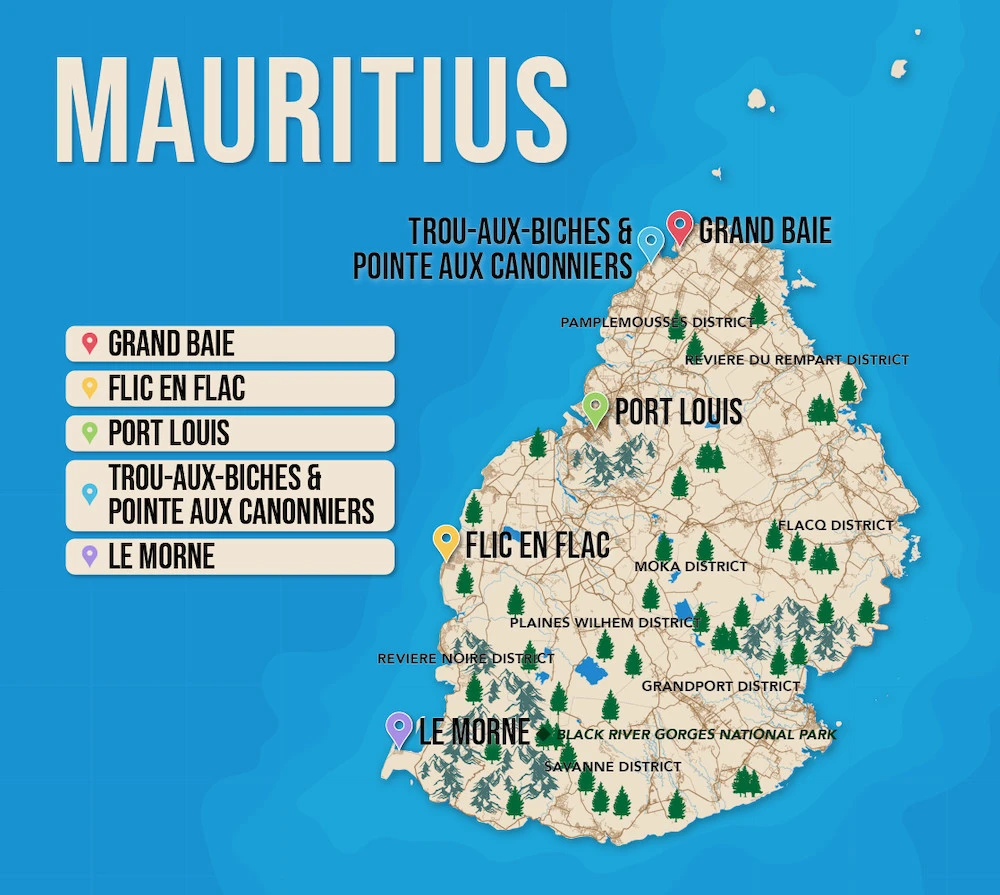 Where to Stay in Mauritius map in vector format featuring the best areas of town