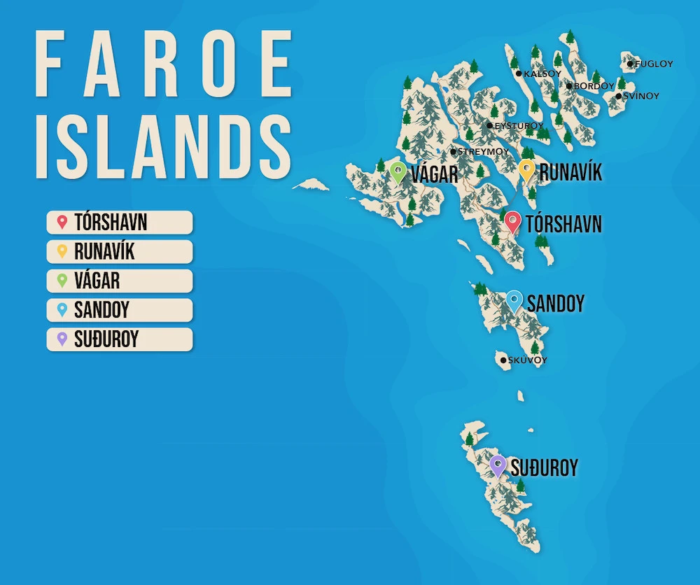 Where to Stay in the Faroe Islands map in vector format featuring the best areas of town