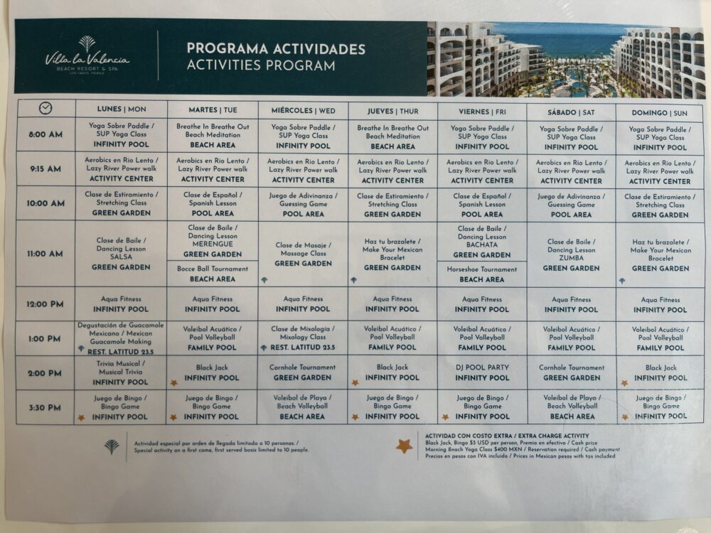The activities schedule at Villa La Valencia pictured with a grid of various things to do while staying here