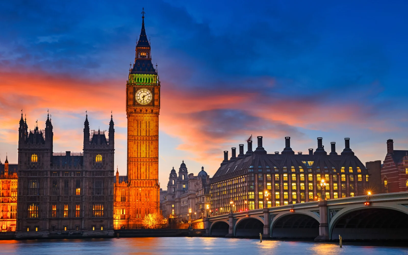 Dusk photo of an orange and pink sky below a black sky with the clocktower and bridge over the river illuminated by lights as a featured image for a guide titled Is London Safe to Visit