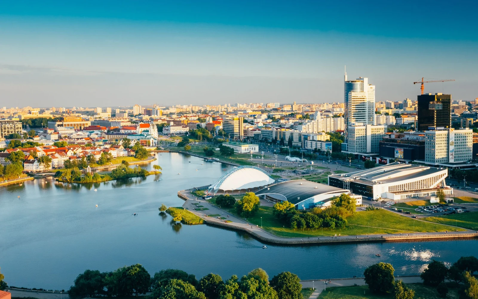 Aerial city of Minsk pictured with the downtown area in full view