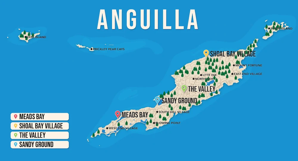 Where to Stay in Anguilla map in vector format featuring the best areas of town