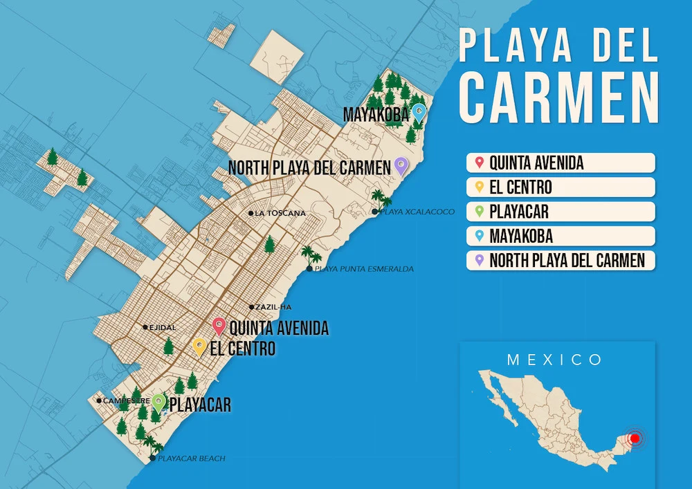 Where to Stay in Playa del Carmen map in vector format featuring the best areas of town
