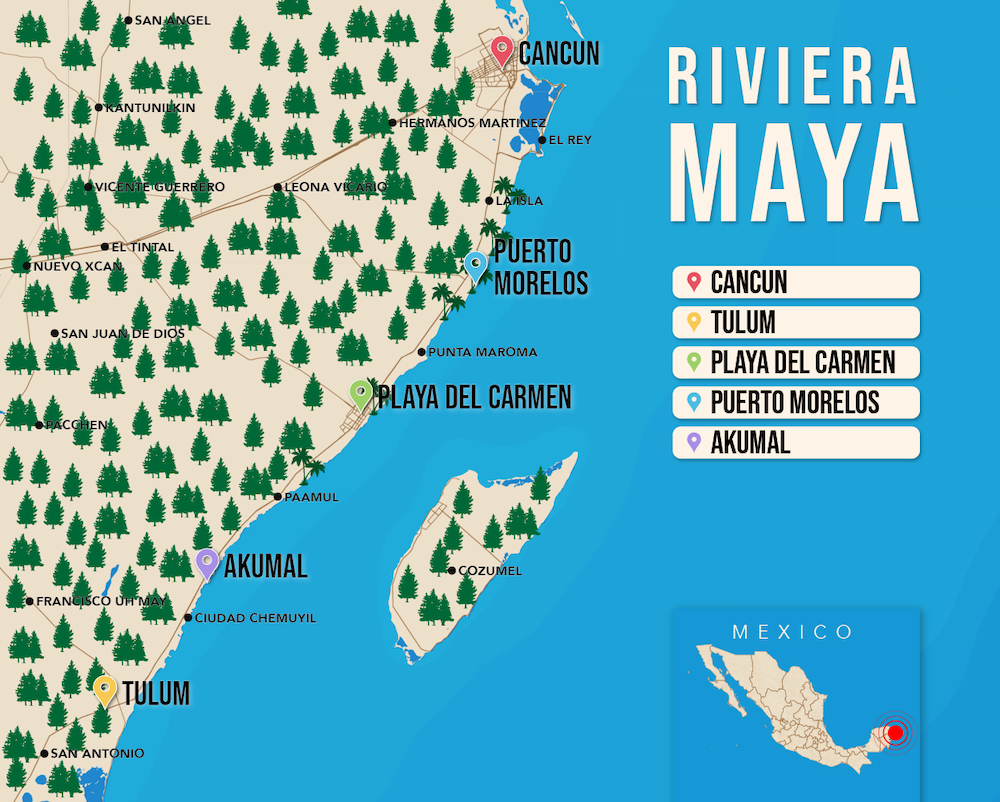 Where to Stay in Riviera Maya map in vector format featuring the best areas of town