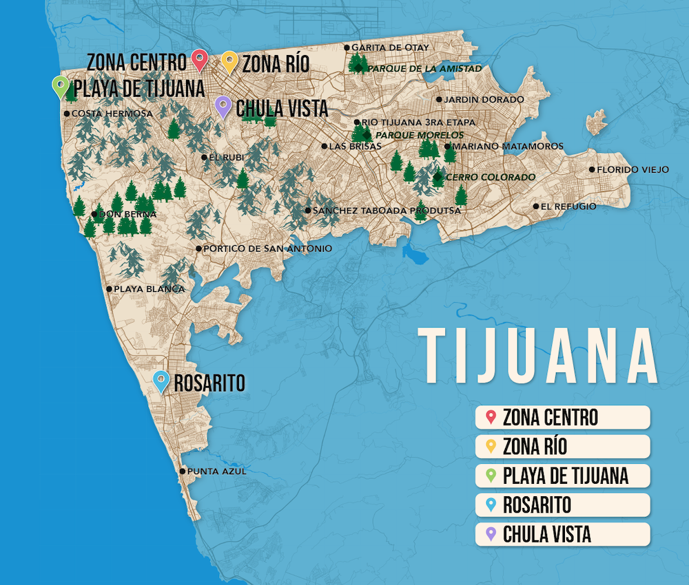 Where to Stay in Tijuana map in vector format featuring the best areas of town