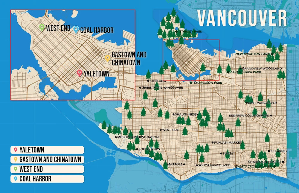 Where to Stay in Vancouver map in vector format featuring the best areas of town