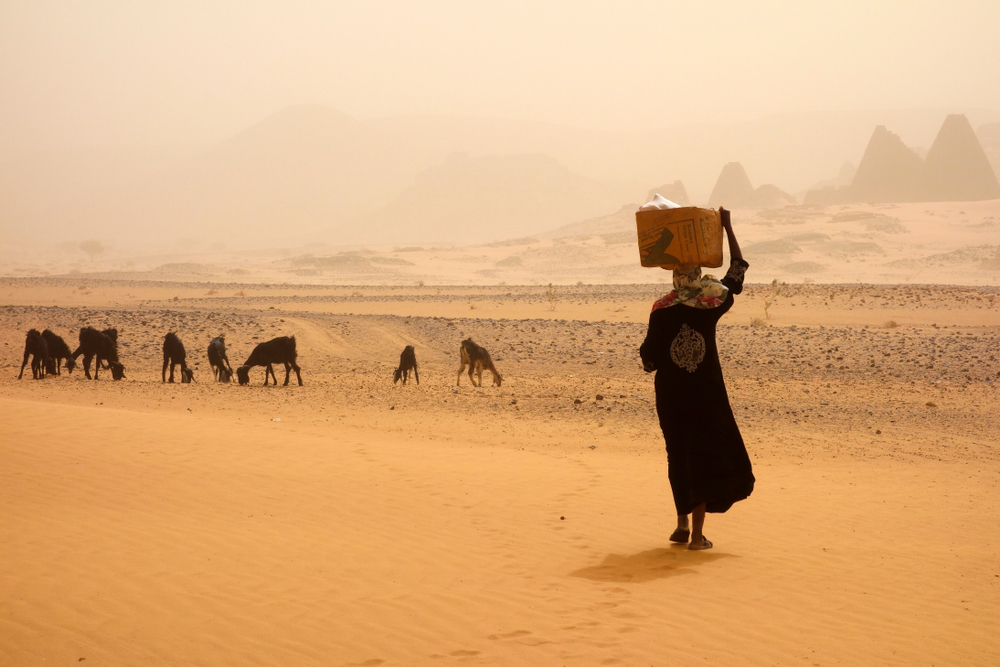 Woman carrying a basket on her head during a sandstorm in Sudan during the worst time to visit