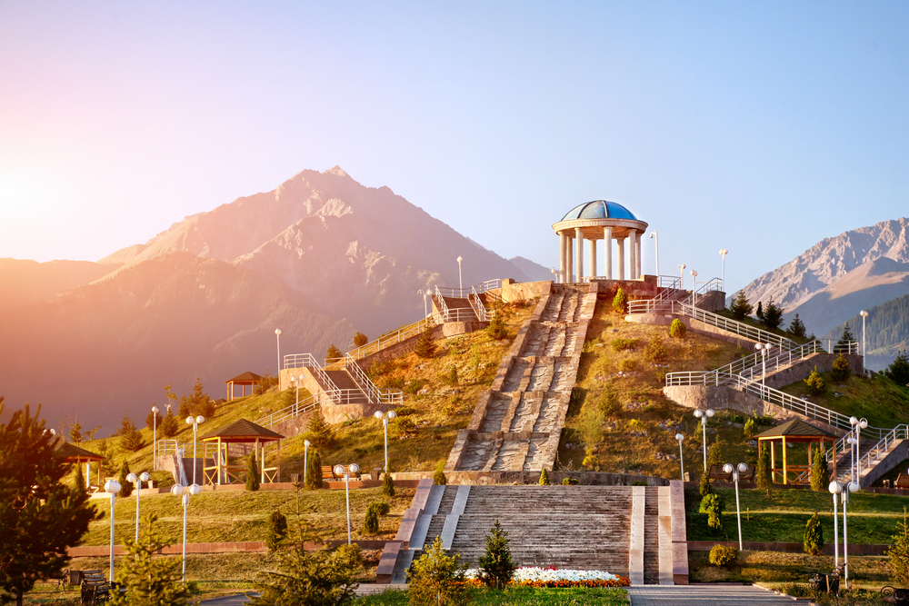 View of a monument reaching to the sky in Almaty, featured as a photo taken during the best time to visit Kazakhstan