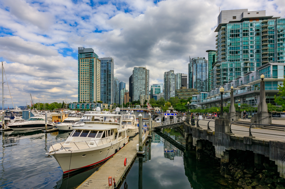 Photo of the Coal Harbor (one of the best areas to stay in Vancouver) buildings pictured for a guide on the city's best areas to stay