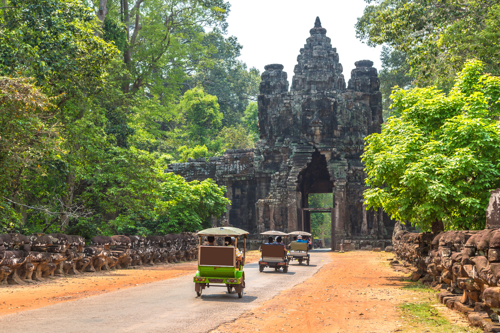 Traditional TukTuk pictured going up to the ruins of the Siem Reap temple