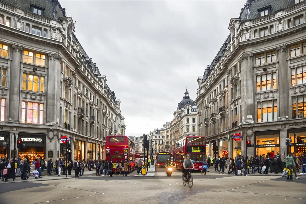 Gloomy day above Oxford Street in London, in the West End, pictured for a guide titled Is London Safe to Visit