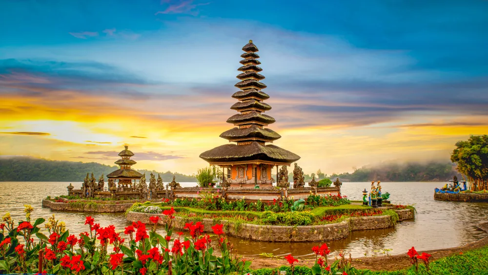 Pura Ulun Danu Bratan temple seen at sunset in Bali, Indonesia for a list of the best places for groups of friends to travel